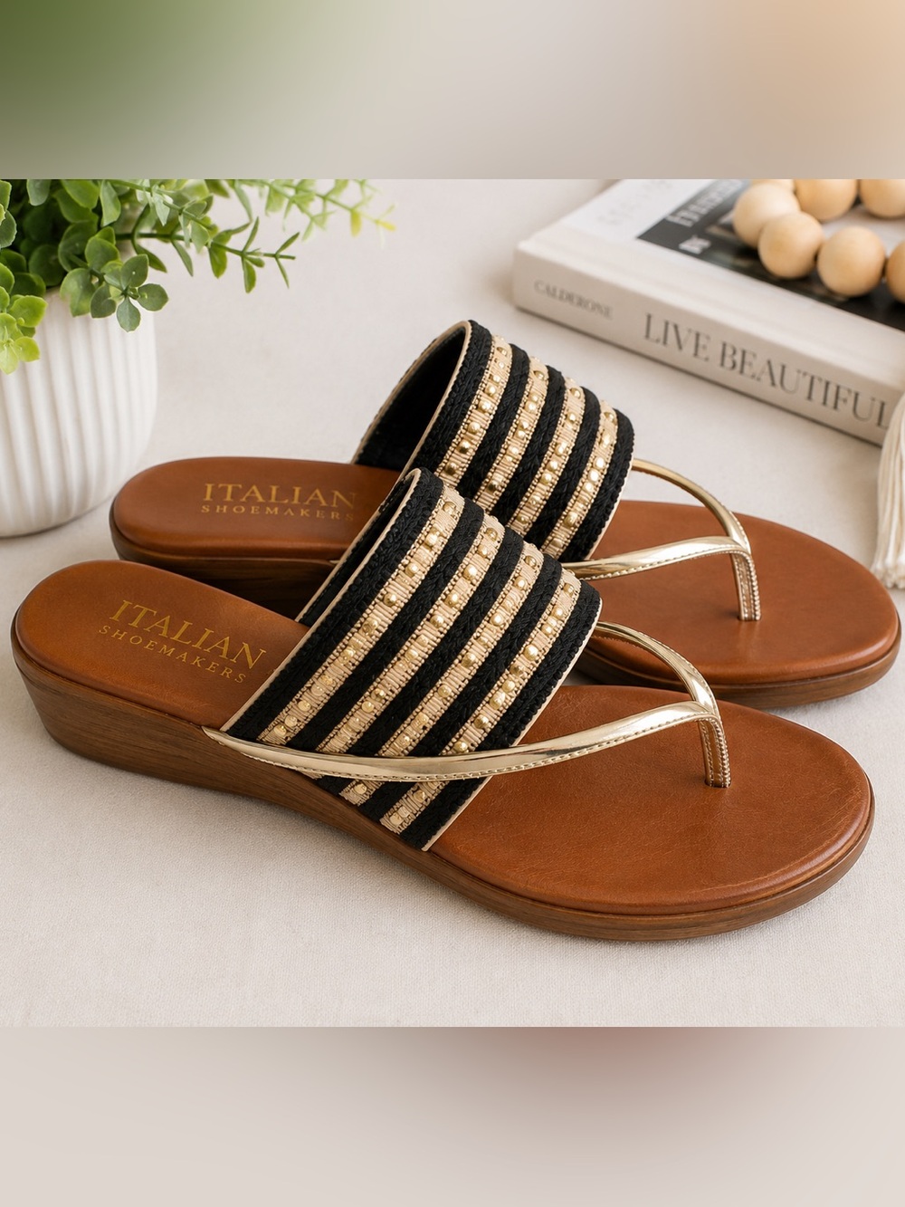 Italian Shoemakers Black and Gold Striped Wedge Slide Sandal